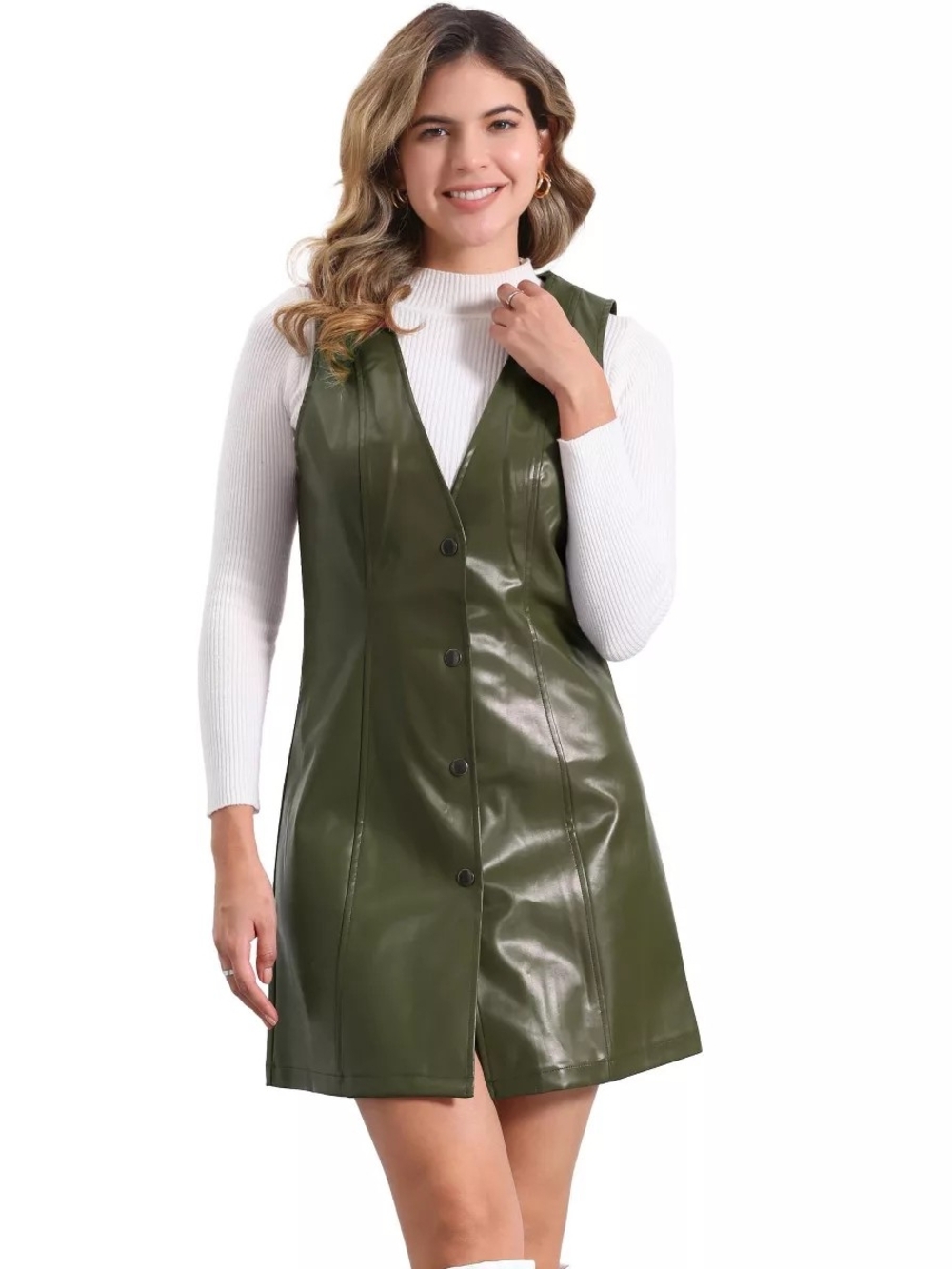 Allegra K Olive Faux Leather Button-Front Vest